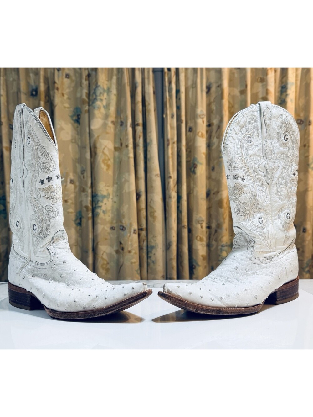 El General White Ostrich Cowboy Boots Men’s Size 8 Leather